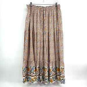 Smocked Tiered Maxi Skirt Sz XL Floral Cottagecore Prairie Milkmaid Ivory Orange